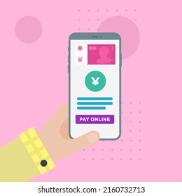 Online Payment, Pay with Card Design Concept with Businessman Hand Holding a Smart phone with Online Payment on Screen, Button. Web banner, Hero images. Flat Vector illustration