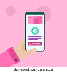 Online-Zahlung, Bezahlen Sie mit Karte Design Konzept mit Geschäftsmann Hand hält ein Smartphone mit Online-Zahlung auf dem Bildschirm, Button. Webbanner, Heldenbilder. Flaches Vektorgrafik