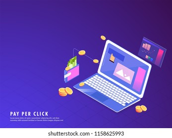 Concepto de pago o pago por clic, portátil isométrico con cartera y pila de monedas. Se puede utilizar como diseño de plantillas web que responden a las necesidades.