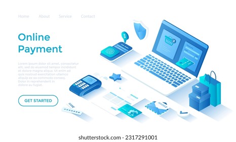 Online Payment. Paying bill, invoice, shopping online, e-commerce market. Сredit card transaction, money transfer with laptop. Landing page template for web on white background.	
