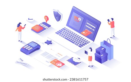 Online Payment. Paying bill, invoice, shopping online, e-commerce market. Сredit card transaction, money transfer with laptop. Isometry illustration with people scene for web graphic.	
