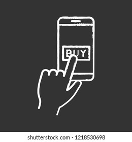 Online payment per click chalk icon. E-payment. Digital purchase. Cashless payments smartphone app. Hand pressing pay button. Isolated vector chalkboard illustration