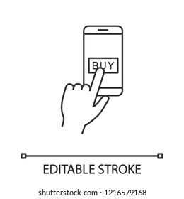 Online payment per click linear icon. Thin line illustration. E-payment. Digital purchase. Cashless payments smartphone app. Pay button. Contour vector isolated outline drawing. Editable stroke
