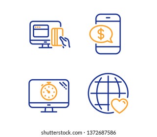Online payment, Phone payment and Seo timer icons simple set. International love sign. Money, Mobile pay, Analytics. Internet dating. Technology set. Linear online payment icon. Colorful design set