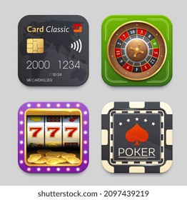 Online-Zahlung, Poker-Chip, Glücksrad-und Slotmaschinen-Symbole, Vektor-App-Buttons. Online-Casino und Bank- oder NFC-Zahlungs- oder digitale Geldbörse-Anwendung, Spielautomat und Pokerspiel-Roulette