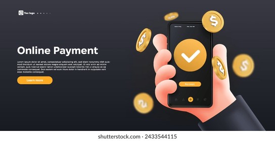 Online payment poster. Smartphone with mobile banking application. Businessman with phone and golden coins. Economy and budget. Landing webpage design. Cartoon isometric vector illustration