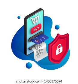 Online payment protection design concept. Online security store Isometric template with creative smartphone integrated ATM behind the shield on fluid background. Vector illustration web banner