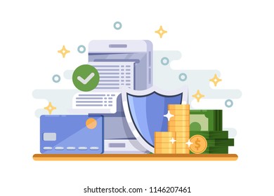 Online payment protection and financial data security concept. Vector flat illustration of smartphone, credit bank card, bill and shield.