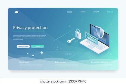 Online payment protection system concept with laptop. Banner with protect data and confidentiality. Mobile data security isometric. Security data protection concept. Online server protection system.