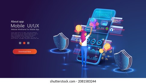 Online payment protection system concept with smartphone and 3d credit card. User use secure login and password protection on website or social mobile banking E-payment. Vector illustrations for UI,UX