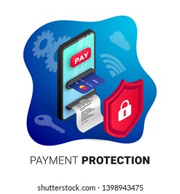 Online payment protection web banner design concept. Online safe store Isometric template with creative smartphone integrated ATM behind the shield on fluid background. Vector illustration