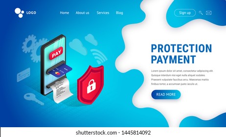 Online payment protection web page design concept. Safety and security buy Isometric landing template with creative smartphone integrated ATM behind the shield on fluid background. Vector illustration