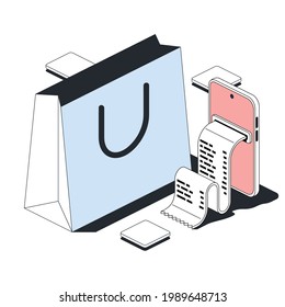Online payment, purchase package, electronic check. Vector 3d line isometric, color web icons, new flat style. Creative design idea for infographics.