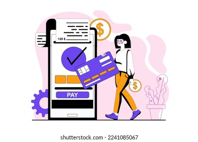 Online payment purple concept with people scene in the flat cartoon style. Woman want to pay for all goods and services using a smartphone. Vector illustration.