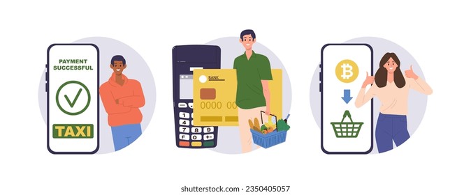 Online payment round icon composition with excited people character using mobile app for shopping