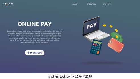 Online payment, secure secure money transfer. Landing page template for virtual money transfer. Laptop screen  for online payment transfer. Page Template with Isolated Illustration