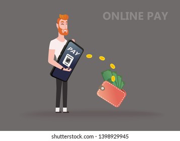 Online payment, secure secure money transfer. A cartoon man character holding a smartphone and transferring money to an online wallet. Isolated Illustration of business payment concept - vector