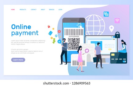 Online payment security cell phone with globe sign vector. People working with internet technologies connected with finance and money transfers site. Website or webpage, landing page in flat style