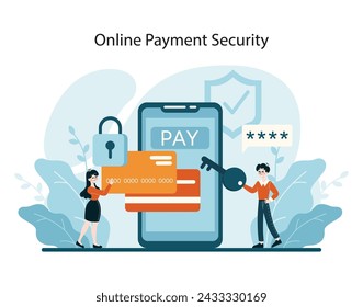 Online Payment Security concept. Illustrates robust cyber protection measures during financial transactions to ensure consumer trust. Flat vector illustration