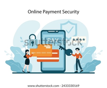 Online Payment Security concept. Illustrates robust cyber protection measures during financial transactions to ensure consumer trust. Flat vector illustration