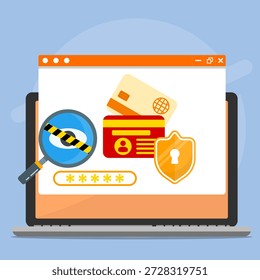 Concepto de seguridad de pago en línea que muestra datos protegidos de tarjetas de crédito, verificación de Contraseña y prevención de fraude en una pantalla de computadora portátil, destacando las transacciones digitales seguras y la protección de ciberseguridad