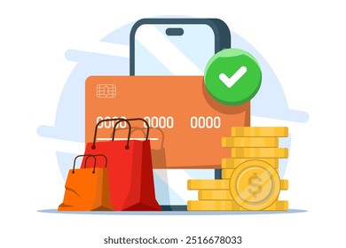 Conceito de segurança de pagamento on-line, Smartphone com cartão de débito, moedas de ouro, saco de papel em fundo isolado, marketing digital, ilustração plana.