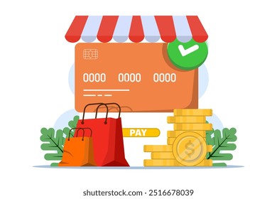 Sicherheitskonzept für Online-Zahlung, Smartphone mit Debitkarte, Goldmünzen, Papiertasche auf isoliertem Hintergrund, digitales Marketing, Flache Illustration.
