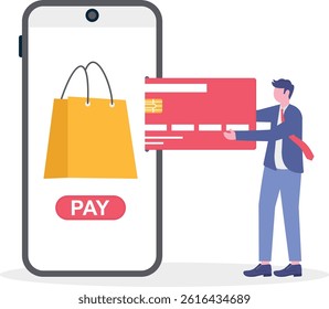 Online payment security concept, Smartphone with debit card, gold coins, paper bag on isolated background, digital marketing, Flat illustration.


