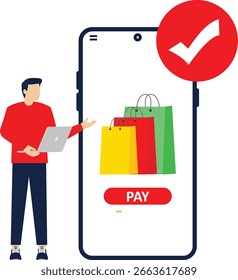 Conceito de segurança de pagamento on-line, Smartphone com cartão de débito, moedas de ouro, saco de papel em fundo isolado, marketing digital, ilustração plana.

