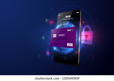 Online payment security transaction via credit card. smartphone. digital technology transfer pay.  Vector illustration