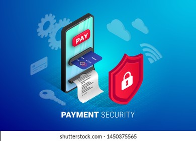 Online payment security web banner design concept. Safety and protection buy Isometric template with creative smartphone integrated ATM behind the shield. Vector illustration
