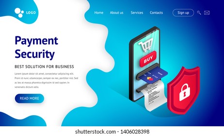 Online payment security web page design concept. Safety and protection buy Isometric landing template with creative smartphone integrated ATM behind the shield. Vector illustration
