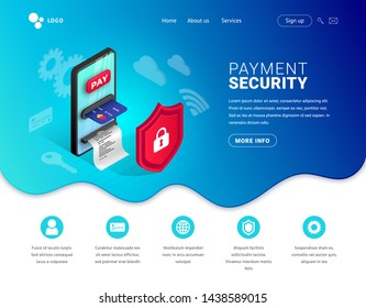 Online payment security web page design concept. Safety and protection buy Isometric landing template with creative smartphone integrated ATM behind the shield with icons. Vector illustration