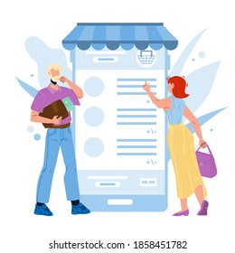 Online Payment Service App Using People Vector. Internet Payment And Shopping Young Boy And Girl Users With Smartphone Application. Characters Mobile Pay Technology Flat Cartoon Illustration