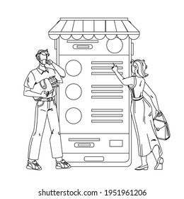 Online Payment Service App Using People Black Line Pencil Drawing Vector. Internet Payment And Shopping Young Boy And Girl Users With Smartphone Application. Characters Mobile Pay Technology 