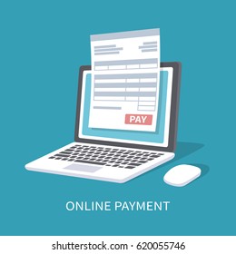 Online Payment Service. Document Form On The Laptop Screen With A Pay Button. Vector Illustration Isolated.