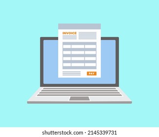 Online payment service. Invoice form on the laptop screen with a pay button. Internet banking concept. Online paying, bookkeeping, accounting. Vector illustration isolated