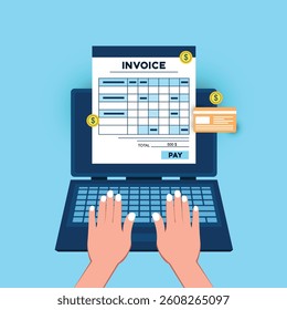 Online payment service. Invoice form on the laptop screen. Human hands on the keyboard. Internet banking concept. Online paying