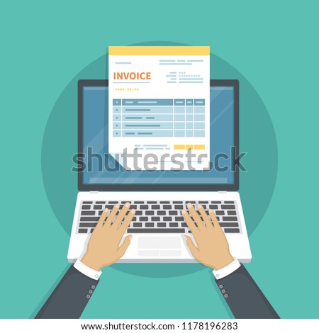 Online payment service. Invoice form on the laptop screen. Man hands on the keyboard. Internet banking concept. Online paying, bookkeeping, accounting. Vector illustration isolated.