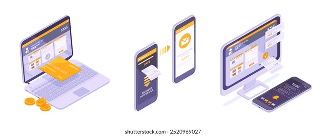 Servicio de pago en línea. Transferencia de pago móvil isométrica en la pantalla de los dispositivos, App de conversión de moneda electrónica conjunto de Ilustración vectorial 3D. colección del concepto de pagos Electrónicas