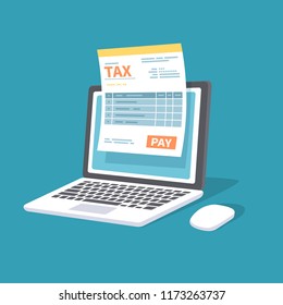 Online payment service. Tax form on the laptop screen with a pay button. Internet banking concept. Online paying, bookkeeping, accounting. Vector illustration isolated.