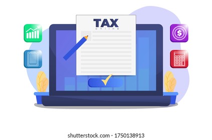 Online payment service. Tax form on the laptop screen. Internet banking concept. Online paying, bookkeeping, accounting. Vector illustration isolated.