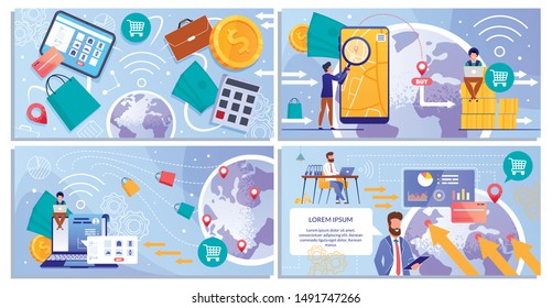 Online Payment Services on Mobile and Laptop Cartoon Set. People Characters, Businessmen Purchase Goods and Fast Delivery. Worldwide Transactions. Business, Finance and E-Commerce. Vector Illustration