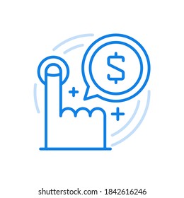 Online payment for services vector line icon. Mobile bill and credit technology. Finger presses round button with symbol of money. Fast banking transactions and ecommerce. Contactless retail.