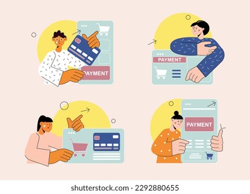 Concepto de conjunto de pagos en línea con la escena de personas en el diseño de dibujos animados planos. Hombres y mujeres pagan por varios artículos en tiendas en línea por tarjeta. Ilustración vectorial.