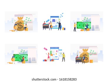 Online payment set. Shoppers spending money, cash, transaction. Flat vector illustrations. Retail, sale, budget, finance concept for banner, website design or landing web page