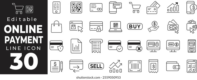 Online payment set of web icons in line style. Payment linear icon collection. Containing cashless wallet, e-wallet, money transfer, banking, credit card, cash, transaction more. Editable stroke