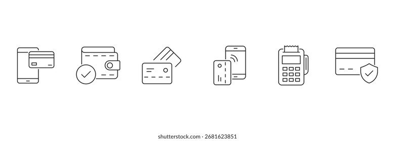 Conjunto de pago en línea de iconos web en estilo de línea. Métodos de pago modernos. Icono de tarjeta de crédito y línea de pago digital. contiene billeteras digitales, transacción de código QR. Ilustración vectorial.