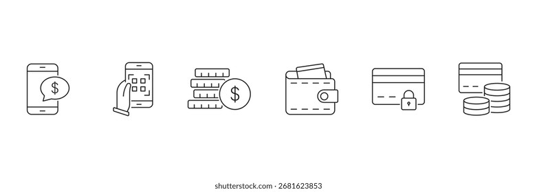 Conjunto de pago en línea de iconos web en estilo de línea. Métodos de pago modernos. Icono de tarjeta de crédito y línea de pago digital. contiene billeteras digitales, transacción de código QR. Ilustración vectorial.