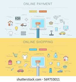 Online payment and shopping concept, flat web design banner, editable stroke